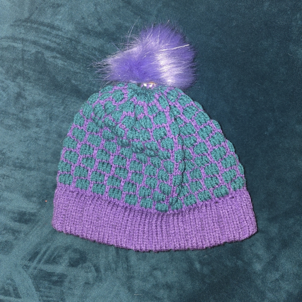Vibrant Purple and Green Knit Beanie with Pom Pom